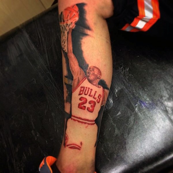 Illustrative style colored sleeve tattoo of Michael Jordan
