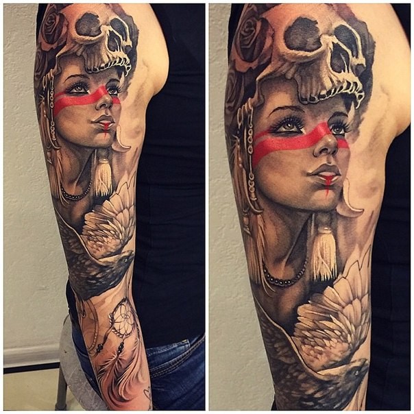 Illustrative style colored sleeve tattoo of tribal woman with birds