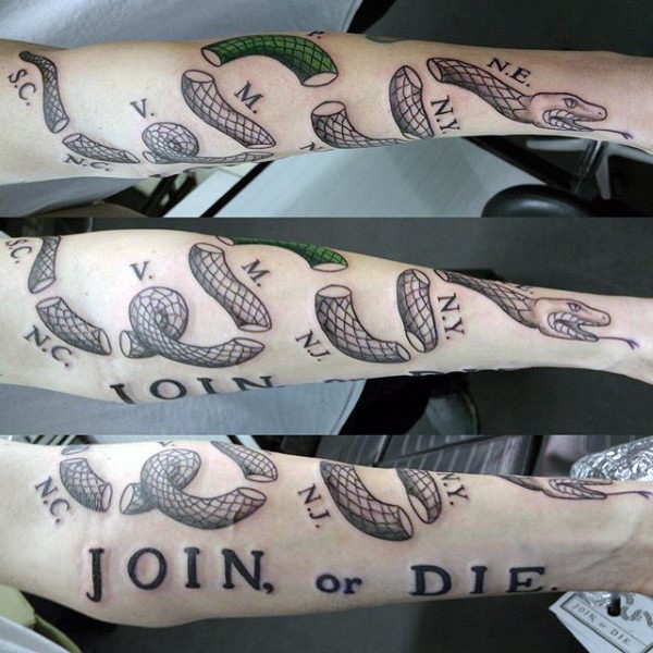 Illustrative style colored sleeve tattoo of ripped snake with join or die lettering