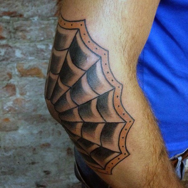 Illustrative style colored spider web tattoo on elbow