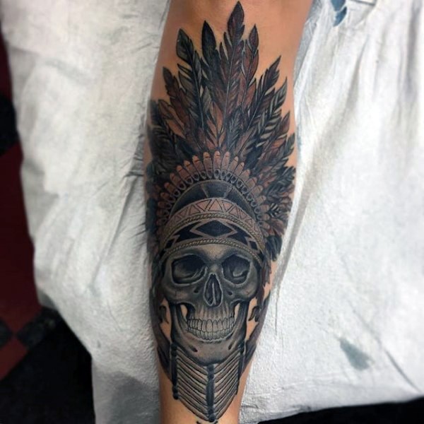 Illustrative style colored tattoo of ancient Indian skull with helmet