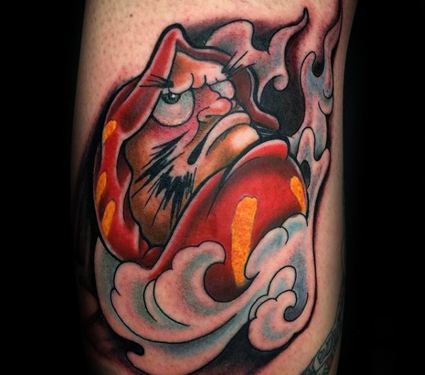 Illustrative style colored tattoo of Asian doll with fog