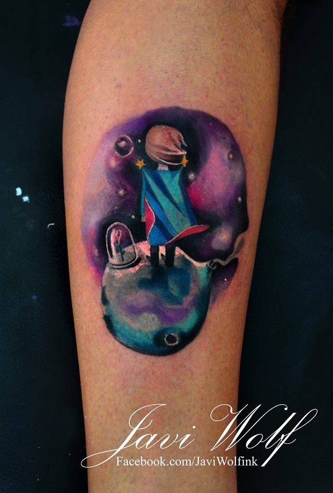 Illustrative style colored tattoo of boy in space