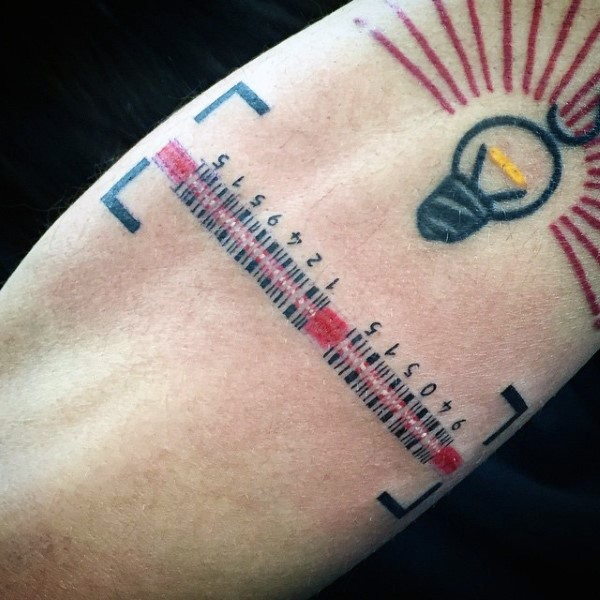 Illustrative style colored tattoo of code with bulb