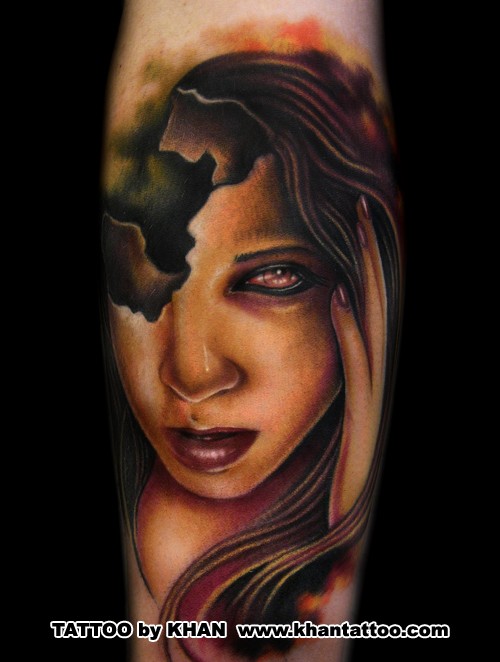 Illustrative style colored tattoo of corrupted woman face