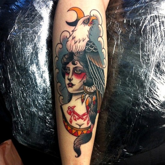 Illustrative style colored tattoo of creepy woman with eagle and moon