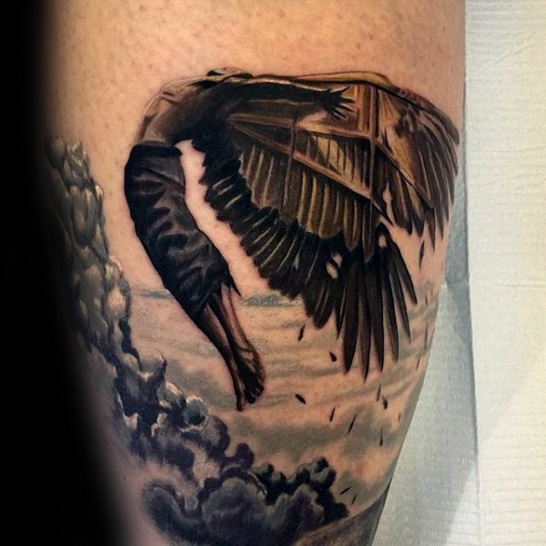 Illustrative style colored tattoo of dramatic Icarus with clouds