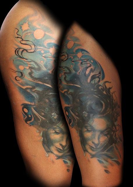 Illustrative style colored tattoo of drowned woman