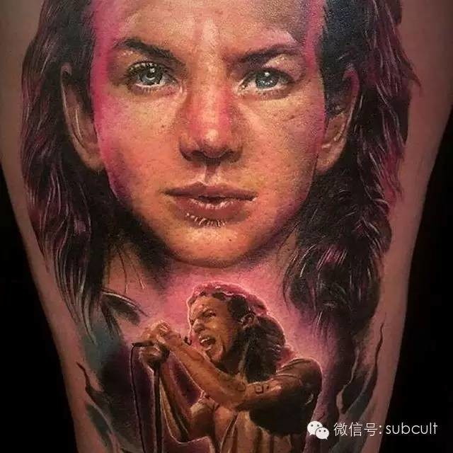 Illustrative style colored tattoo of famous singer portrait