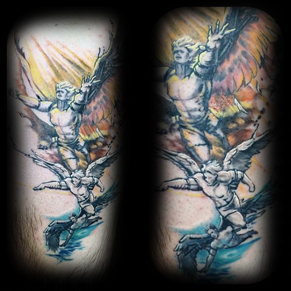 Illustrative style colored tattoo of Icarus