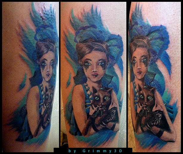 Illustrative style colored tattoo of magical woman with cat