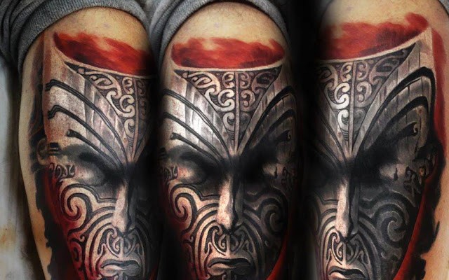 Illustrative style colored tattoo of mystical man mask
