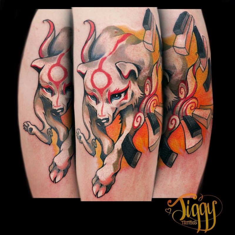 Illustrative style colored tattoo of mystical fox