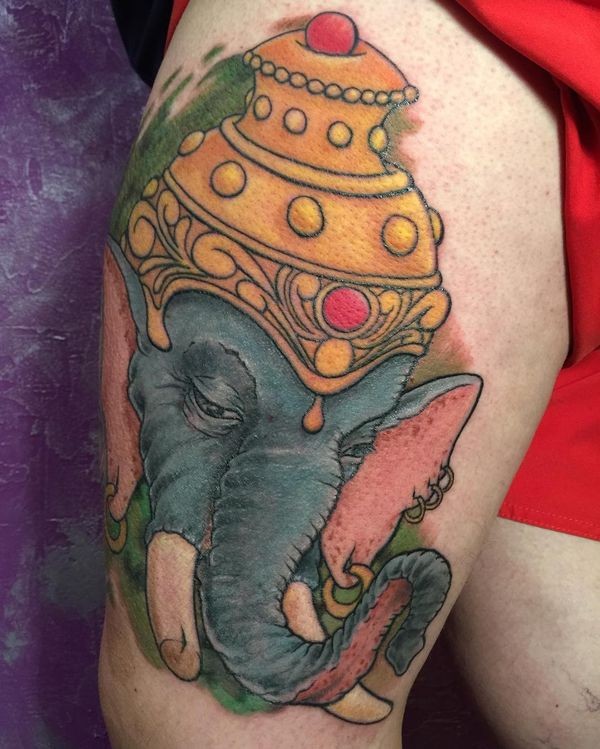 Illustrative style colored tattoo of saint elephant with helmet