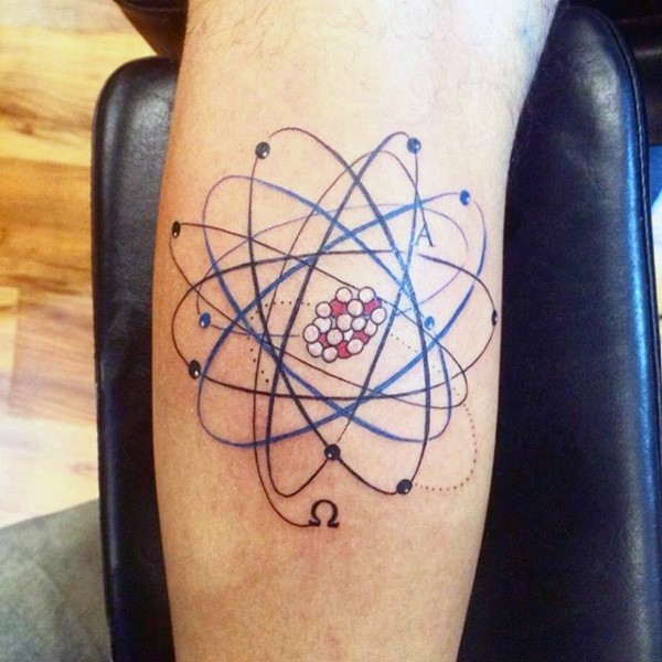 Illustrative style colored tattoo of small atom