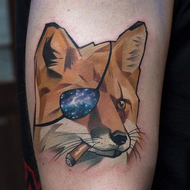 Illustrative style colored tattoo of smoking fox pirate