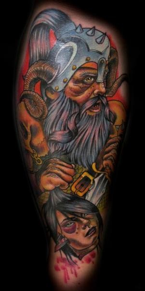 Illustrative style colored tattoo of viking warrior