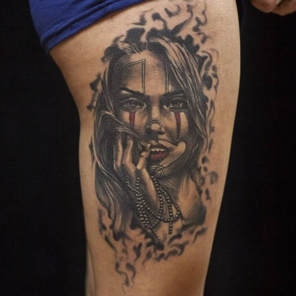 Illustrative style colored tattoo of woman with make up