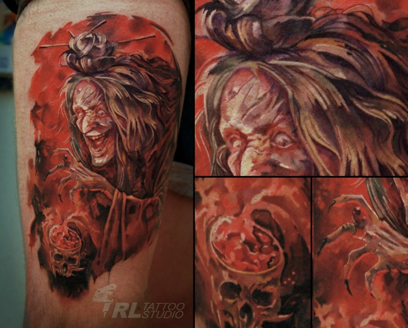 Illustrative style colored thigh tattoo of mystic witch with bloody skull