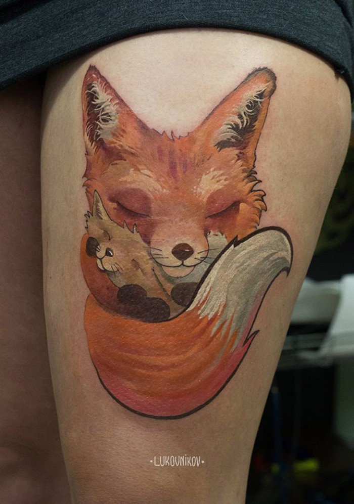 Illustrative style colored thigh tattoo of cute fox family