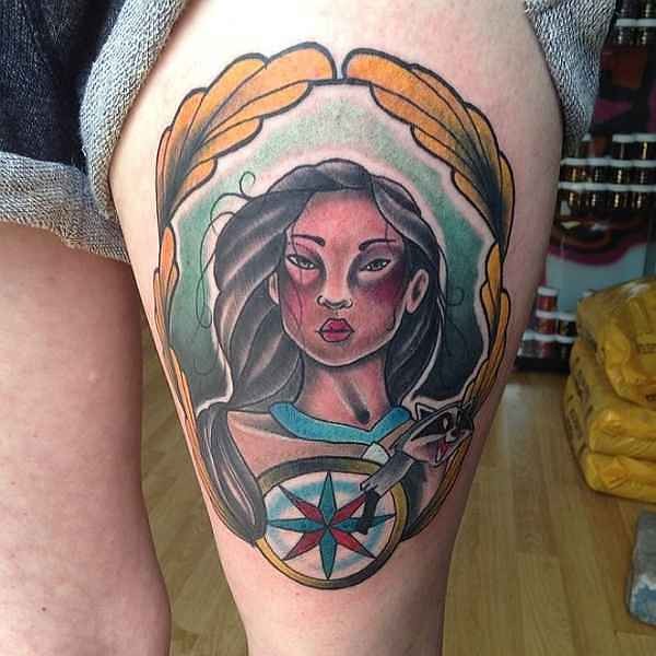 Illustrative style colored thigh tattoo of Indian woman with compass