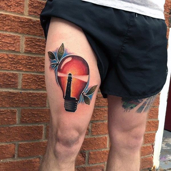 Illustrative style colored thigh tattoo of bulb stylized with lighthouse