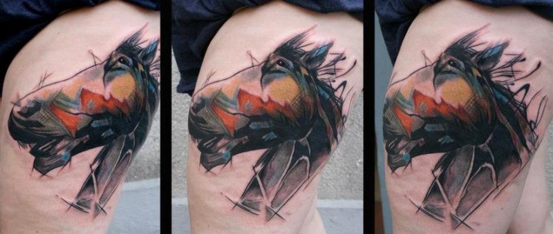 Illustrative style colored thigh tattoo of interesting looking horse