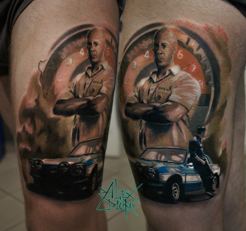 Illustrative style colored thigh tattoo of bold man with classic car
