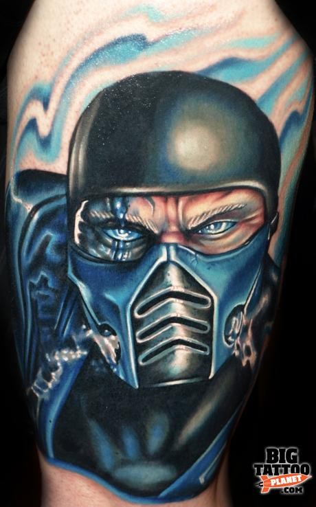 Illustrative style colored thigh tattoo of Mortal Combat hero