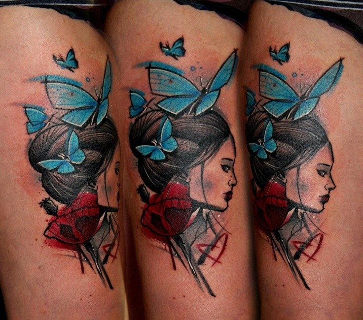 Illustrative style colored thigh tattoo of woman with butterflies and flowers