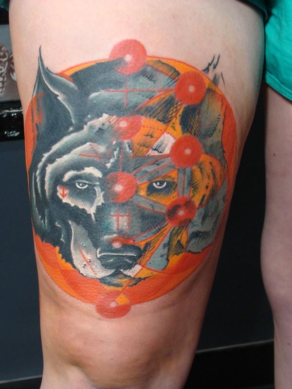 Illustrative style colored thigh tattoo of big dog head
