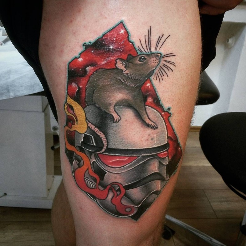Illustrative style colored thigh tattoo of storm troopers helmet and rat