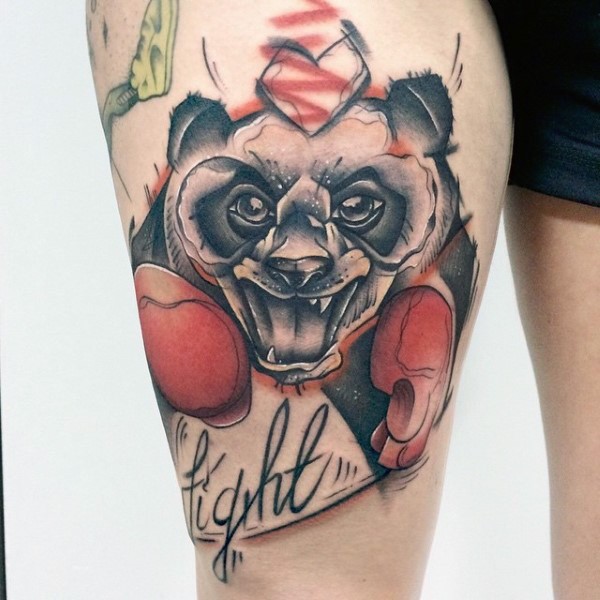 Illustrative style colored thigh tattoo of panda boxer with lettering