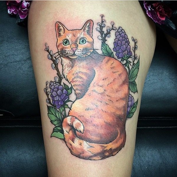 Illustrative style colored thigh tattoo of cute cat with wild flowers
