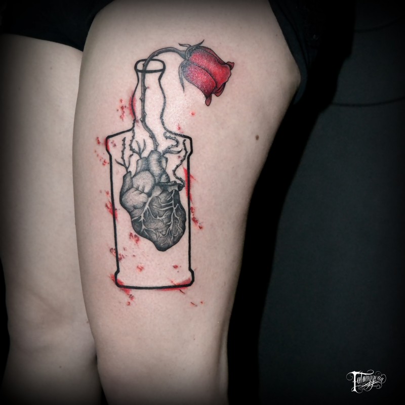 Illustrative style colored thigh tattoo of big bottle with human heart and flowers