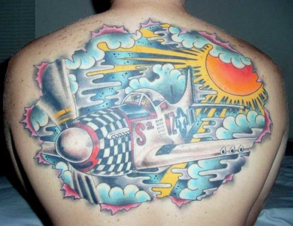Illustrative style colored whole back tattoo of WW2 fighter plane