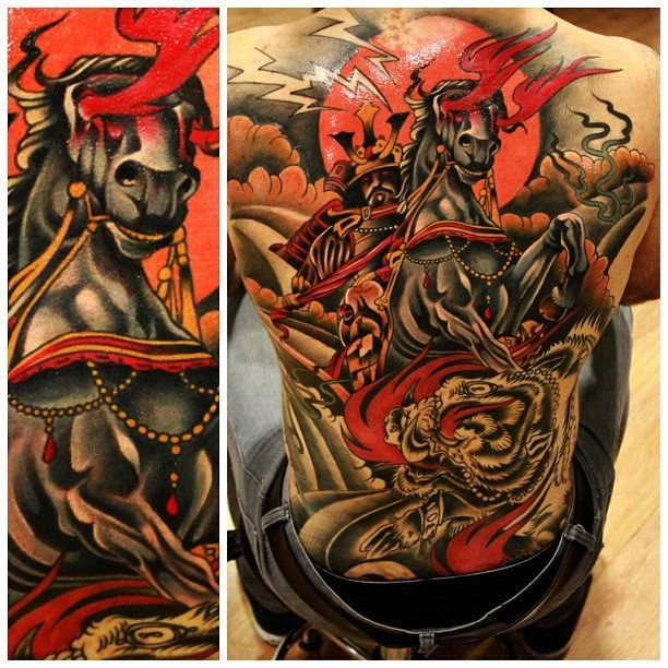 Illustrative style colored whole back tattoo of demonic samurai warrior with tiger