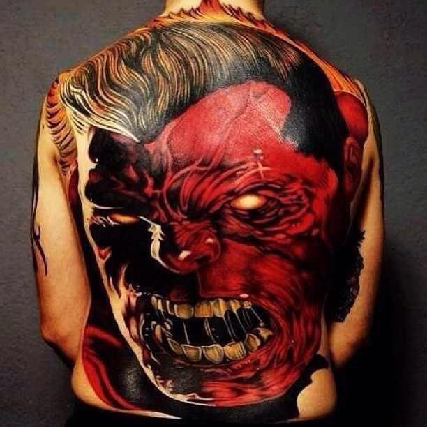 Illustrative style colored whole back tattoo of evil red Hulk
