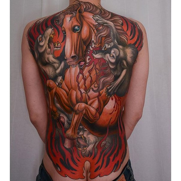 Illustrative style colored whole back tattoo of bloody wolves attacking horse