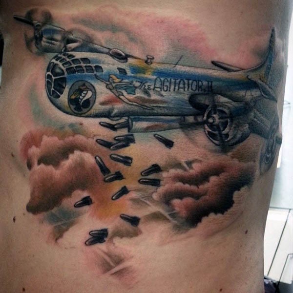 Illustrative style colored WW2 bomber plane tattoo on side