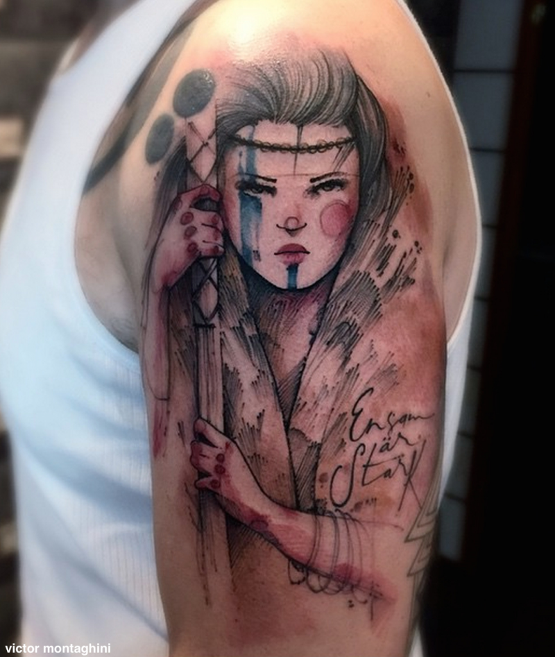 Illustrative style cored tattoo of geisha with lettering