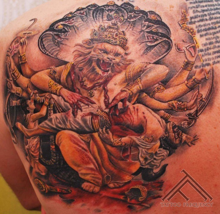 Illustrative style creepy Hinduism god tattoo on back