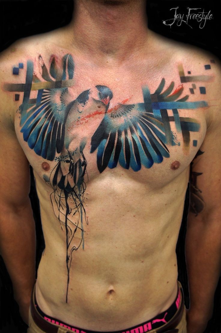 Illustrative style cute looking colored hest tattoo of nice bird