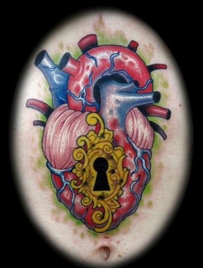 Estilo ilustrativo detalhado e colorido coração humano estilizado com pequeno buraco da fechadura
