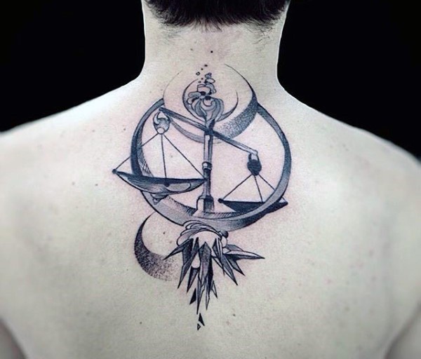 Illustrative style detailed upper back tattoo of libra with original ornament