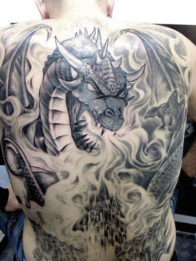 Illustrative style detailed whole back tattoo of big dragon and burning city