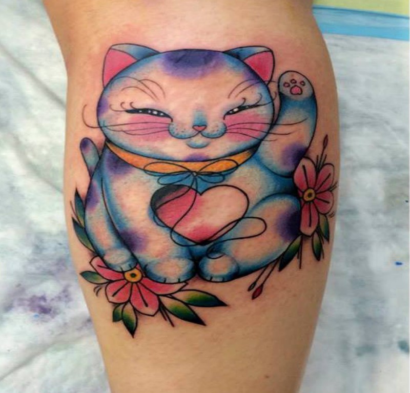 Illustrative style funny looking leg tattoo of smiling maneki neko japanese lucky cat and flowers