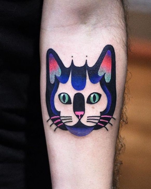 Illustrative style painted by David Cote forearm tattoo of cat