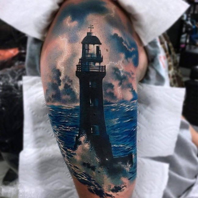 Illustrative style realism style shoulder tattoo of lighthouse and lightning