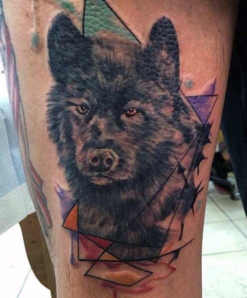 Illustrative style thigh tattoo of bear with geometrical figures
